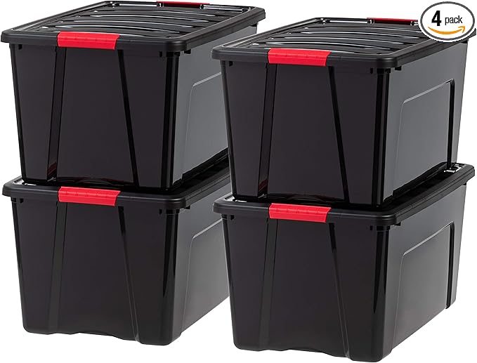 IRIS USA 72 QT Plastic Storage Box with Lid and Latches - 4 Pack - BPA-Free Garage Organizing Solution Durable Nestable Stackable Containers Secure Pull Handle - Black