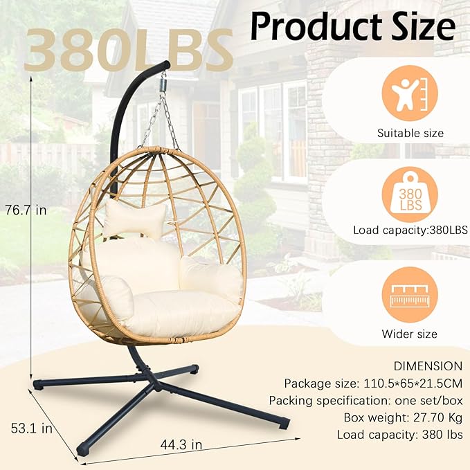 Hanging Egg Chair Swing with Stand Patio Wicker Hanging Chair Webbing &amp PE Rattan Weaving Thickened UV Resistant Cushion &amp Alloy Steel Frame 380lbs Capacity for Patio Bedroom Balcony (YB)
