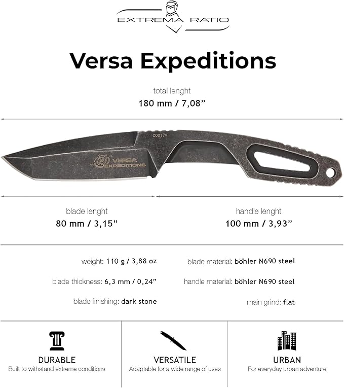 Extrema Ratio - Versa (Black - Expeditions) Fixed Blade Knife Böhler N690 Steel Blade with Dark Stone Finish Lightweight Aluminum Handle Ergonomic Design Precision Italian Craftsmanship