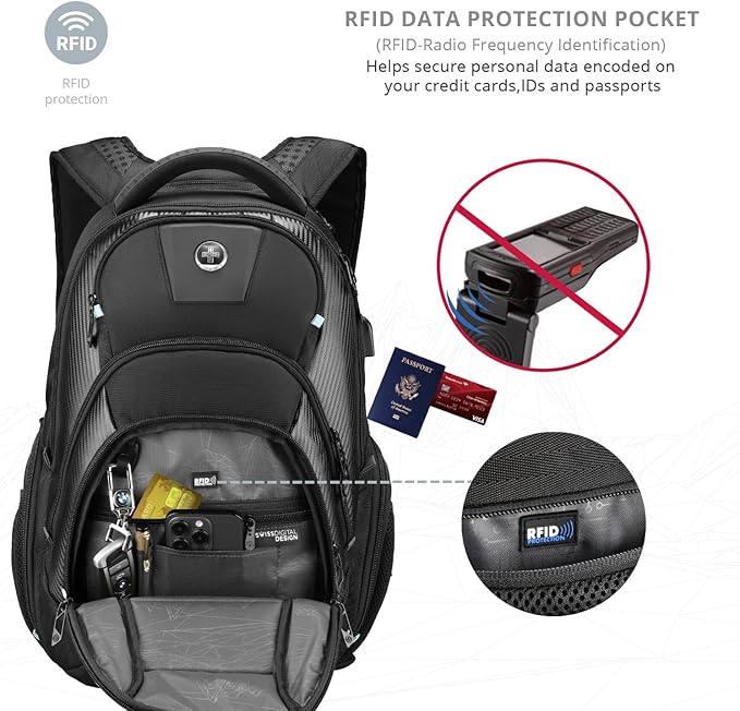 Swissdigital Design TSA Business Laptop Backpack for Men Large Capacity Travel Backpack with Apple Find My Network and USB Charging Port Tech Backpacks Fits 17 Inch Computer Black| SD1643FB-01
