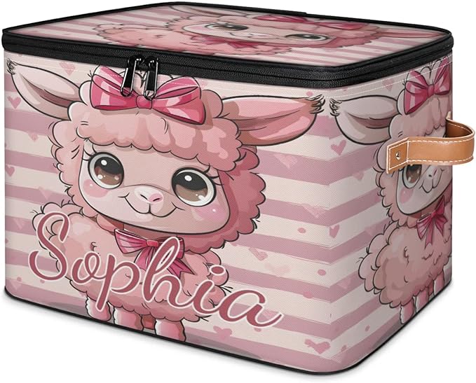 Custom Storage Basket with Name Personalized Storage Bins with Zipper Lid Foldable Fabric Storage Box Large capacity with Handle Bow Alpaca