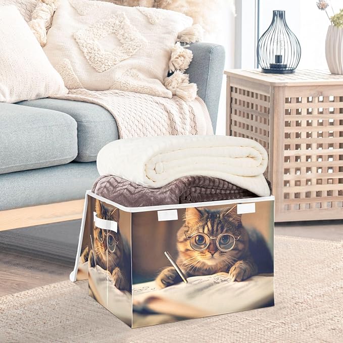 AIXIWAWA Lidded Storage Cube (Cat Reading) Fabric Foldable Closet Bins with Flip Lid and Handles Organizer Basket Container 16.5 x 12.6 x 11.8 IN