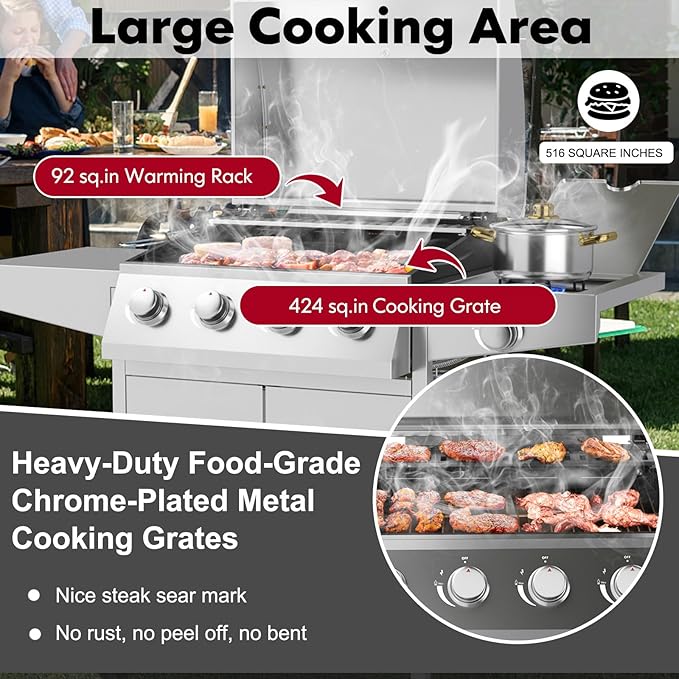 Giantex Propane Gas Grill 50000 BTU 4 Main Burners 1 Side Burner 2 Prep Tables Stainless Steel Heavy-Duty BBQ Grill with 4 Wheels for Backyard Party Outdoor Cooking