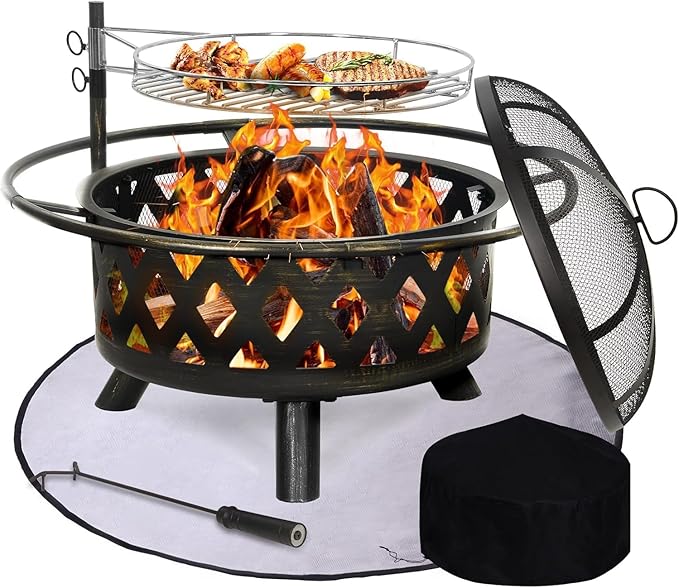 2 in 1 Firepit with Grill 30 Inch Outdoor Fire Pit with Mat &amp Spark Screen &amp Cooking Grate - Large Round Steel Fire pits for Patio Backyard &amp Garden - Includes Poker for Wood Burning &amp