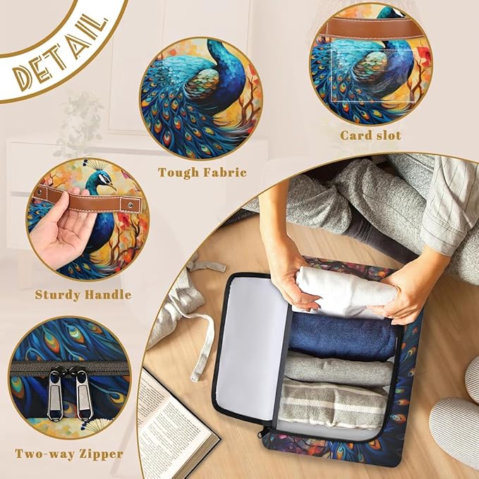 Clothes Storage Bins with Metal Frame Animal Peacock Storage Boxes with Zipper Lids Collapsible Cube Clothing Storage Bag with Leather Handle Closet Clothes Organizer Container