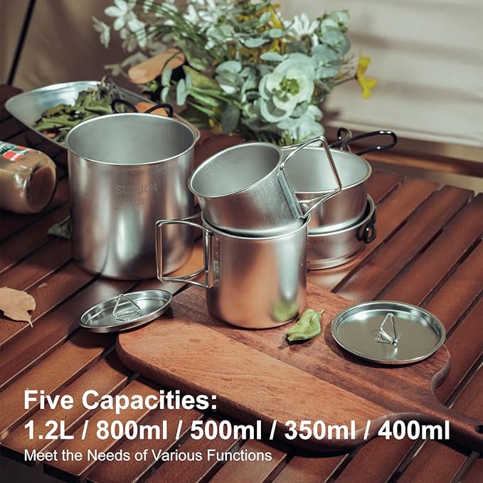 5PCS Stainless Steel Camping Cooking Set Cookware Mess Kit Cook Pots and Pan Set with Cups &amp Storage Bag Lightweight Camping Cookware for Hiking Backpacking Outdoor Cooking and