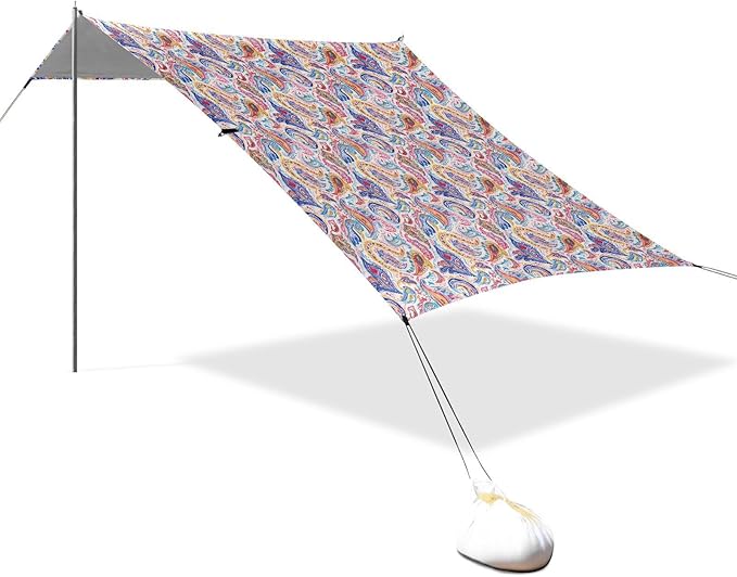 ALAZA Paisley Crayon Drawing Beach Tent Sun Shelter UPF50+ Protection Beach Shade Canopy w/ 4 Sandbags for Outdoor Camping Fishing Backyard Fun Picnic 10x9 ft