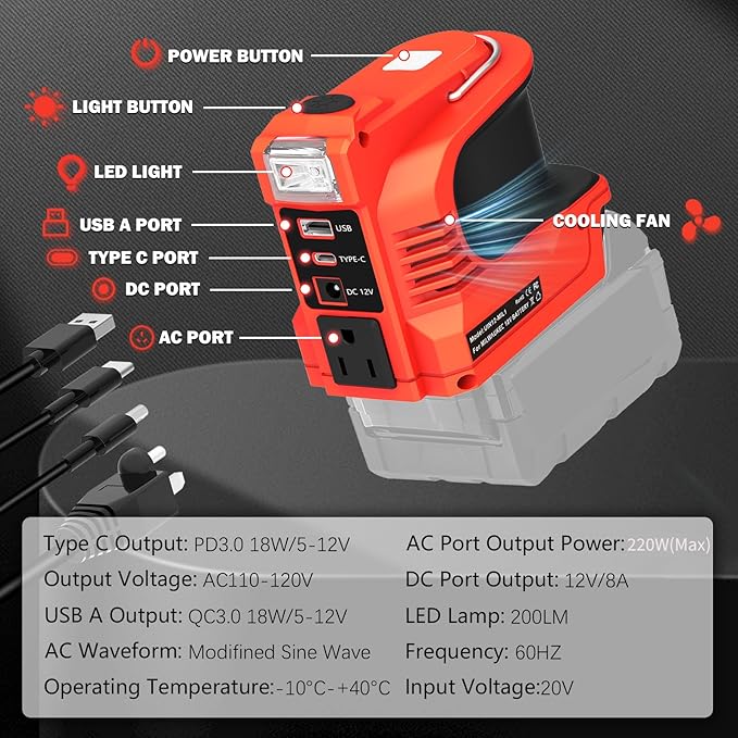 220W Power Inverter for Milwaukee 18V DC 20V to AC 110-120V Inverter 18V Battery Powered Portable Power Source Supply Charger Adapter with USB&ampType-C&ampAC Outlet&ampLED Light(No Battery)