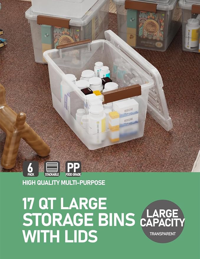 WYT 6 Pack 17qt Clear Plastic Storage Bin with Lid and Latching Buckles Stackable Tote Organizing Box with Handle