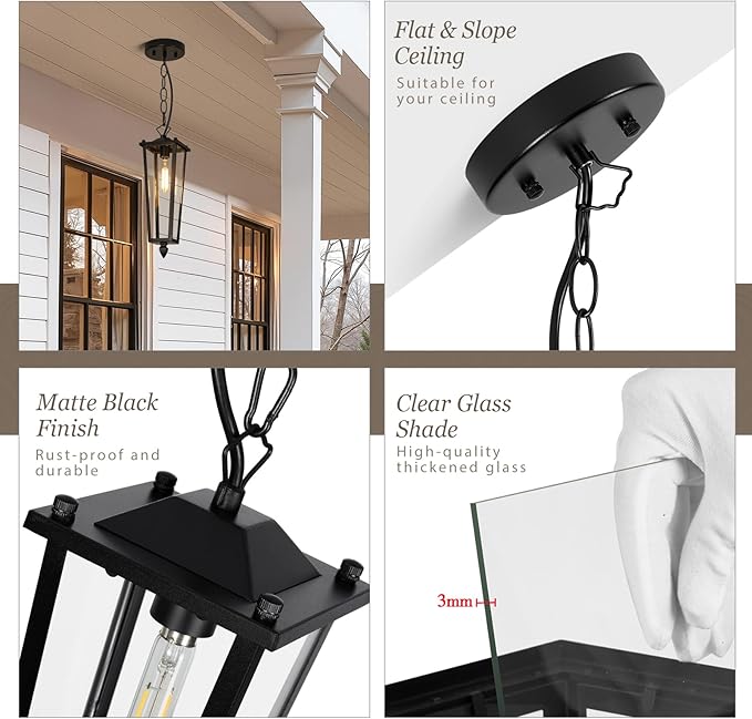 Outdoor Pendant Lights for Porch 16 Black Outdoor Pendant Light with Clear Glass Modern Hanging Porch Lighting Fixtures with Adjustable Chain for Gazebo Foyer OS-OD2615-1HM