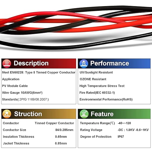 iGreely 100Ft 10 Gauge Tinned Copper PV Wire - Solar Panel Extension Cable UV Resistant for Boat Marine Automotive RV Outdoor - Red