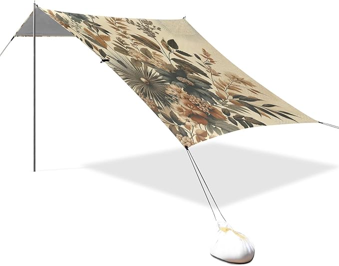 Vintage Botanical Retro Flowers Beach Tent Sun Shelter Set UPF50+ UV Protection 10.5 x 9.19 FT Camping Shade Canopy with Sandbags Sand Anchors Carrying Bag and Others
