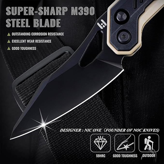 Hightron SPECTRON M390 Fidget Pocket Knife military survival folding front flipper 3.05 Blade with Black&ampKhaki Nylon Fiber Handle EDC gift