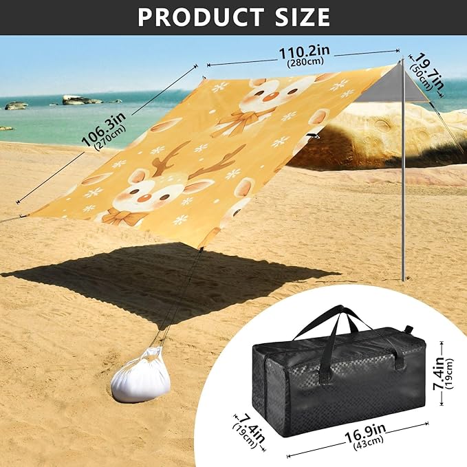 Tiny Reindeer Face Yellow Stable Beach Tent UPF50+ Water-Resistant Portable Sun Shelter Includes Sand Shovel Sandbags Stability Poles for Family Trips Picnics &amp Camping