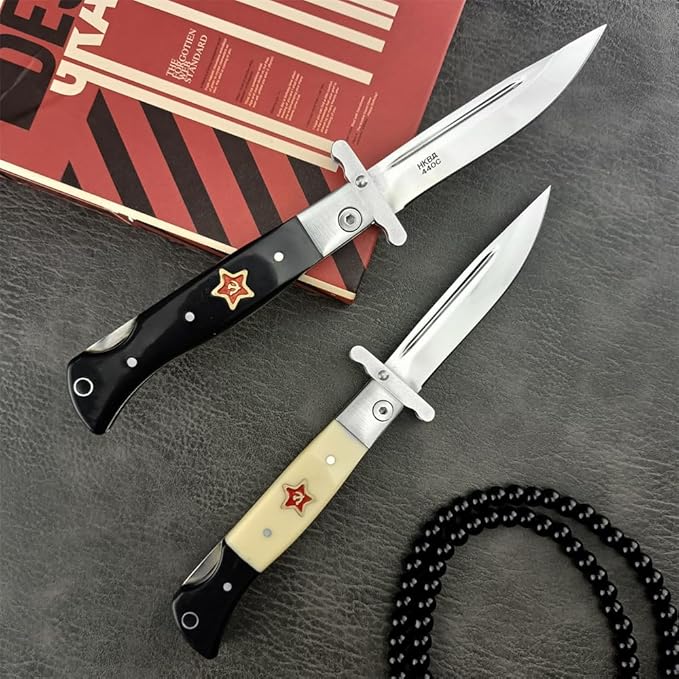 Goshawk Finka-NKVD KGB Folding Pocket Knife3.66 Mirror Polished 440C Blade and ABS HandleNylon SheathAssisted Opening Flipper Knife with Lockback EDC for Camping Hunting Survival (Ivory white)
