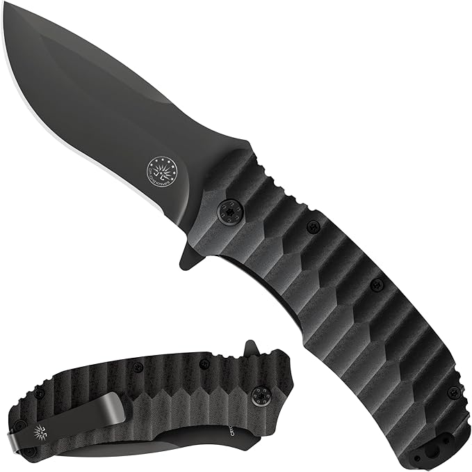 Off-Grid Knives - Rapid Fire Blackout - Large Folding Knife for Camping &amp EDC Cryogenic D2 Blade Steel Titanium Nitride Coating with G10 Scales &amp Deep Carry Clip