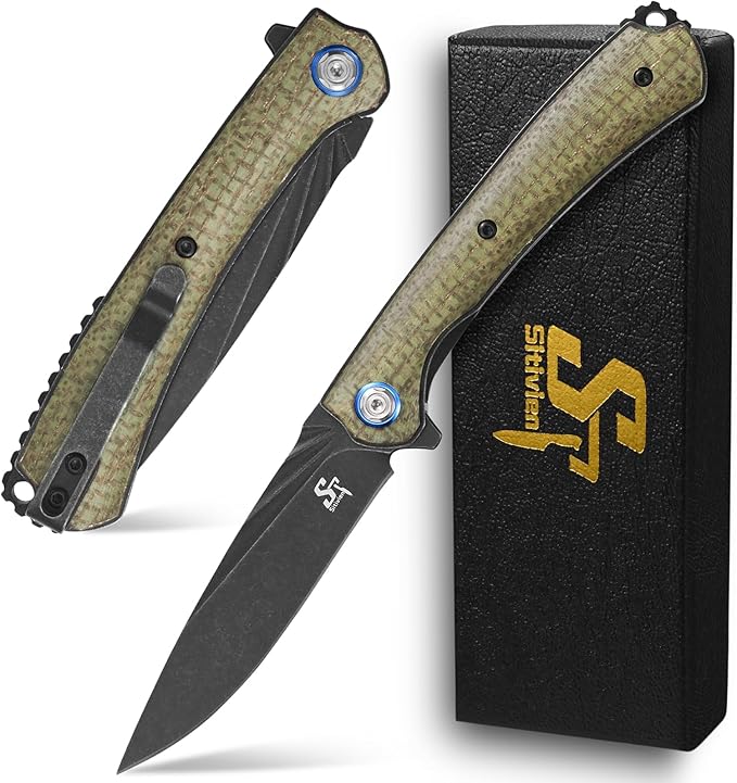 Sitivien ST144 Folding KnifeBlack Stonewashed 14C28N Steel BladeMicarta Handle Pocket Knife for Outdoor EDC CampingSurvivalHikingFishing(Green)