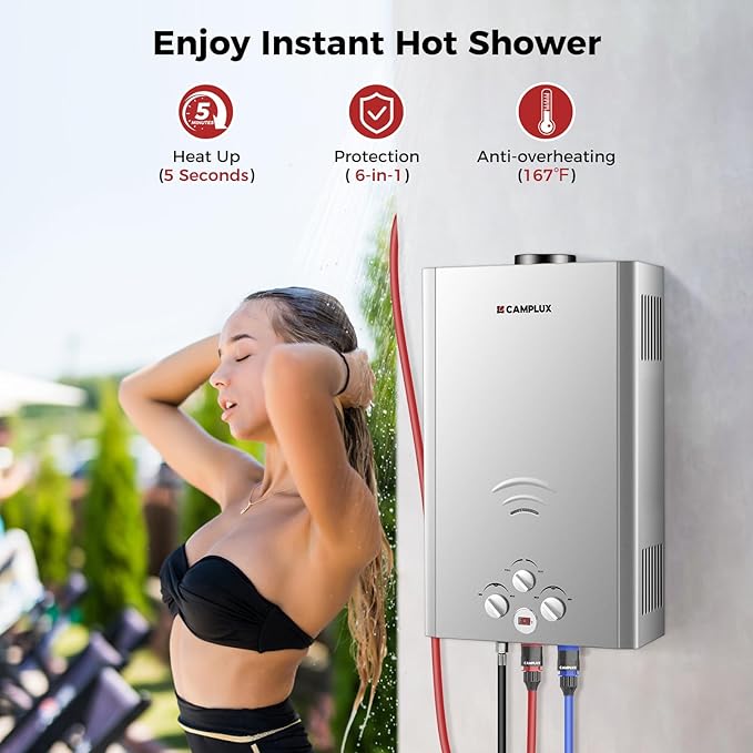 CAMPLUX Tankless Water Heater 4.22 GPM Propane Water Heater Gas 110000 BTU Outdoor Camping Water Heater Propane Shower Gray