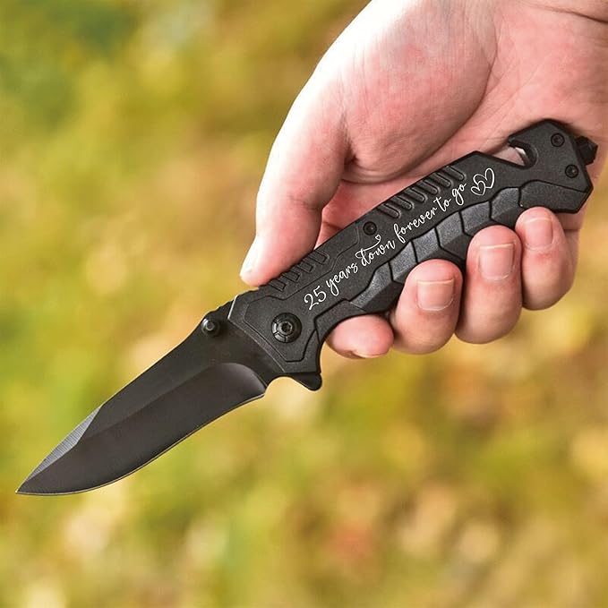 25 Years Wedding Anniversary Keepsake Him 25th Silver Anniversary Present for Husband 25 Years Marriage Men Gift Idea Engraved Pocket Knife with Wood Box Hunting Camping Fishing Folding Knives