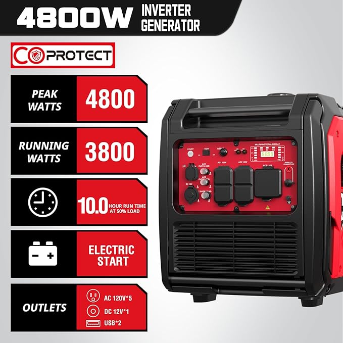 5000 Watt Portable Inverter Generator with Electric Start 30 Amp for Home Use and Emergency Backup CO Protect Super Quiet