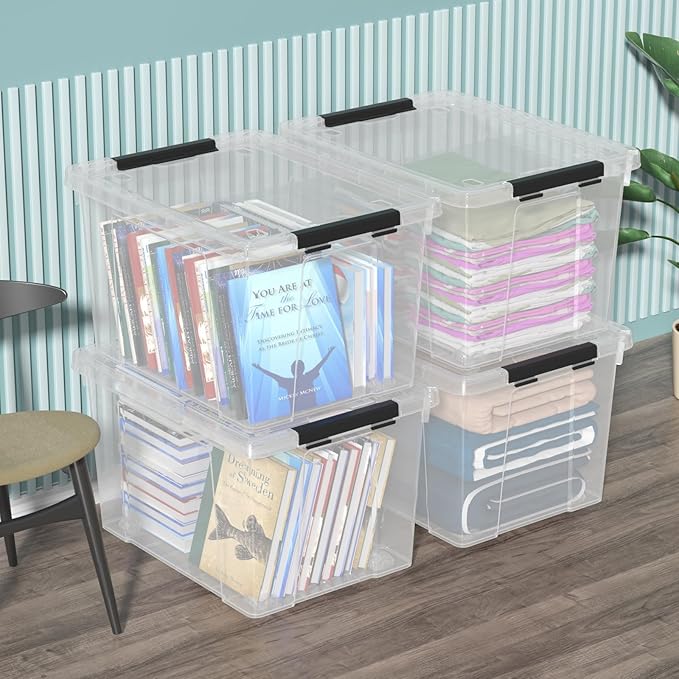 4 Pack 50 Quart Clear Plastic Storage Bins with Lids and Wheels Large Stackable Latching Container Boxes for Clothes Bedding Garage Organization