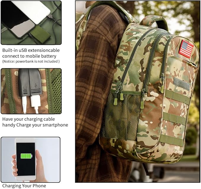 outdoor plus Camo BackpackMilitary Boys Backpacks for School30L Army Bookbag with USB Charging Port Waterproof