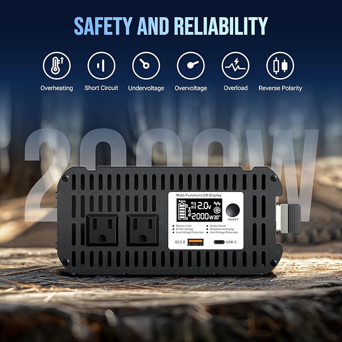 2000W Pure Sine Wave Inverter 12V DC to 110-120V AC Efficient Energy Converter for Home RV Use with APP Wireless Remote Control with USB C Ports