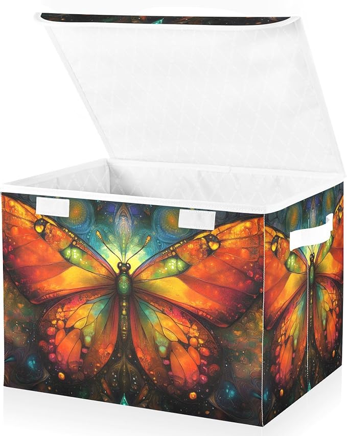 AIXIWAWA Lidded Storage Cube (Aesthetic Butterfly) Fabric Foldable Closet Bins with Flip Lid and Handles Organizer Basket Container 16.5 x 12.6 x 11.8 IN
