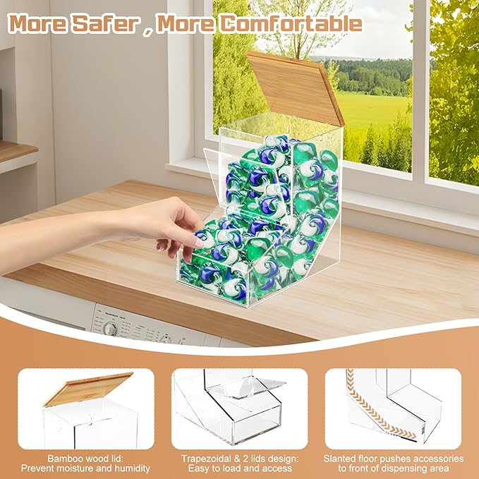 JYPS Laundry Pods Container Acrylic Dishwasher Pods Holder w/ 2 Lids Dispenser For Powder Dryer Balls Beads Soap Organizer For Room Desktop / Wall Mount Snack Candy Organization Storage