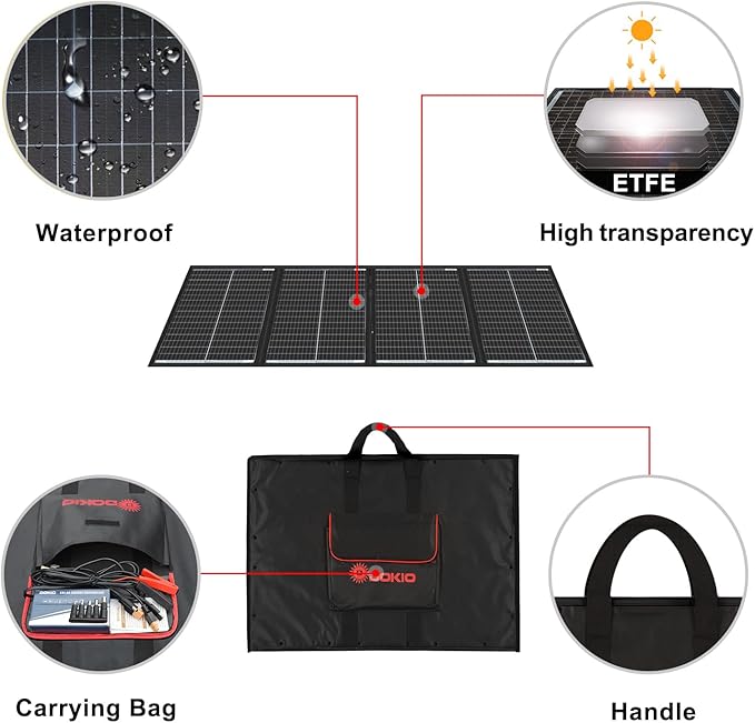 DOKIO 200W 36V Portable Foldable Solar Panel Kit Compact 19x26.4in Design 9.7lb with Standalone Controller and USB Monocrystalline Charger for 24V Batteries Power Stations RV Camping Emergency Use