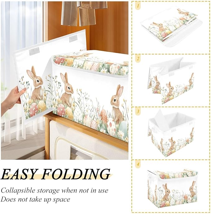 Christmas Storage Baskets with Lids Watercolor Cute Bunnies Easter Collapsible Bins Stackable Fabric Linen Baskets Closet Organizer Container 16.5x12.6x11.8