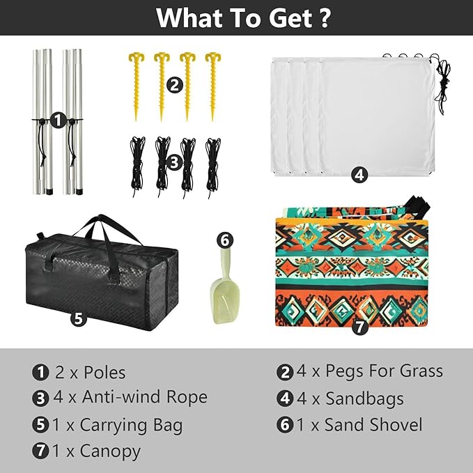 xigua Boho Tribal Aztec Beach Tent Sun Shelter with Carrying Bag - Silver Coated Oxford Fabric Beach Canopy for Beach Camping Fishing - Includes Windproof Ropes Sandbags &amp Stakes