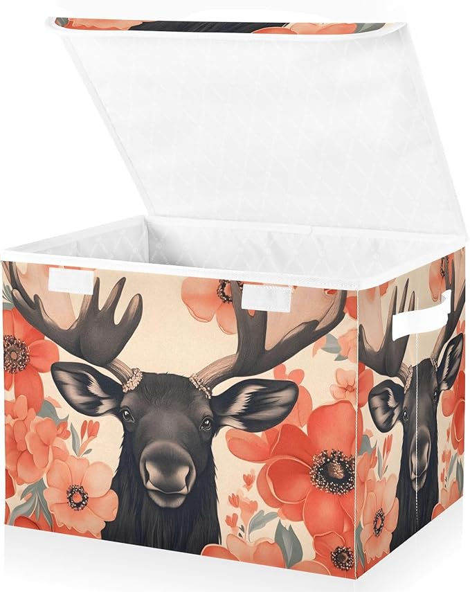 Storage Cube with Lid Floral Moose Print 16.5×12.6×11.8 IN Collapsible Large Capacity Foldable Storage Basket Bin Organizer
