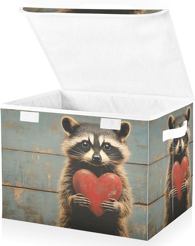 Storage Cube with Lid Wood Raccoon Print 16.5×12.6×11.8 IN Collapsible Large Capacity Foldable Storage Basket Bin Organizer