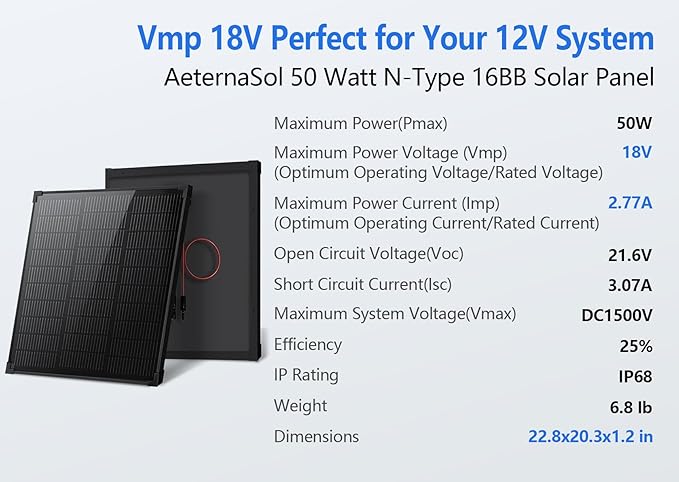Solar Panels N-Type 16BB 50W Solar Panel 50 Watt Solar Panel 18V A+ Monocrystalline Cell 25% High Efficiency for RV Van Marine Home Rooftop Off-Grid Systems (22.8 x 20.3 Single Black)