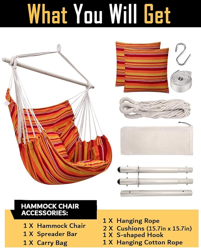 ADVOKAIR Hammock Chair Hanging Chair Swing Large Indoor with Anti-Slip Steel Spread Bar and Pocket-Max 500lbs-2 Cushions Perfect for BedroomOutdoorPatio PorchBackyard…