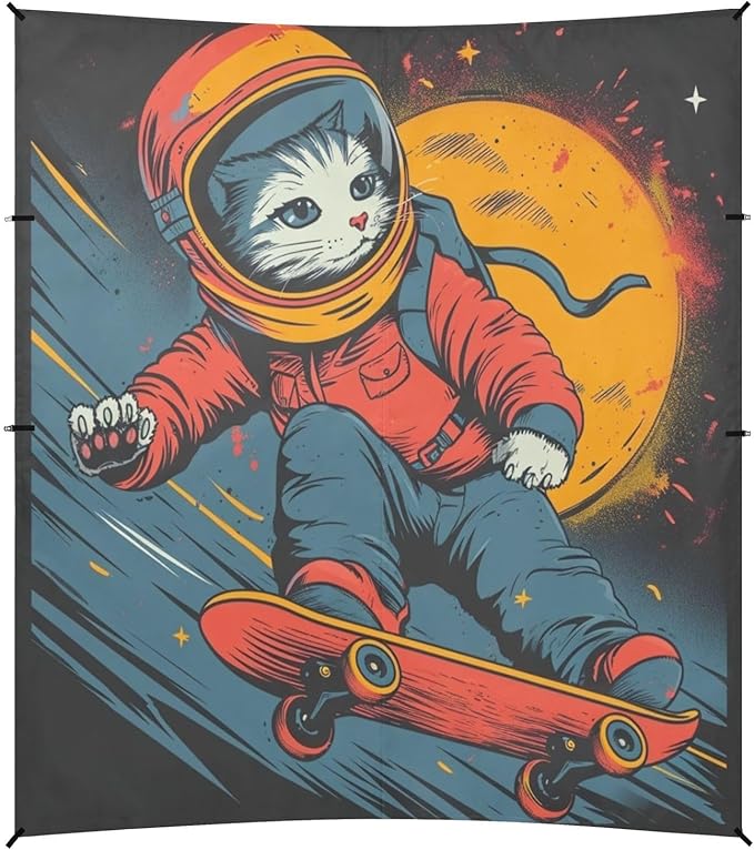 ALAZA Cat Kitten Astronaut Skateboard Beach Tent Sun Shelter UPF50+ Protection Beach Shade Canopy w/ 4 Sandbags for Outdoor Camping Fishing Backyard Fun Picnic 10x9 ft