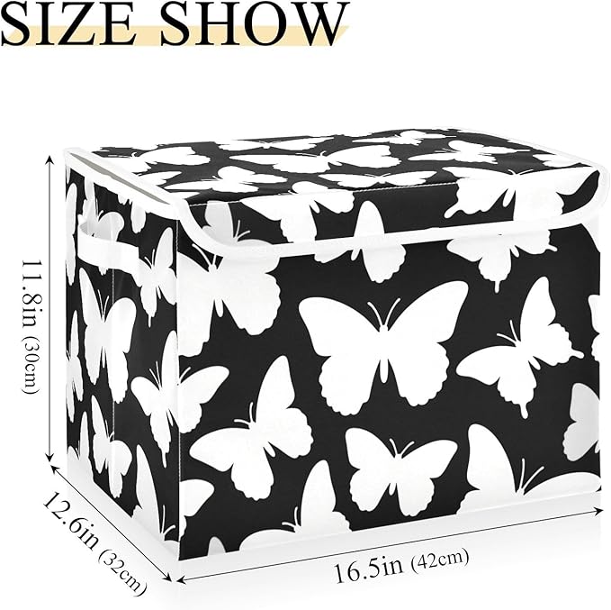 foldable 40 L cube storage bins with handles heavy duty storage containers Christmas For BedroomCloset Living Room 42x32x30cm -Fashion Black and White Butterfly