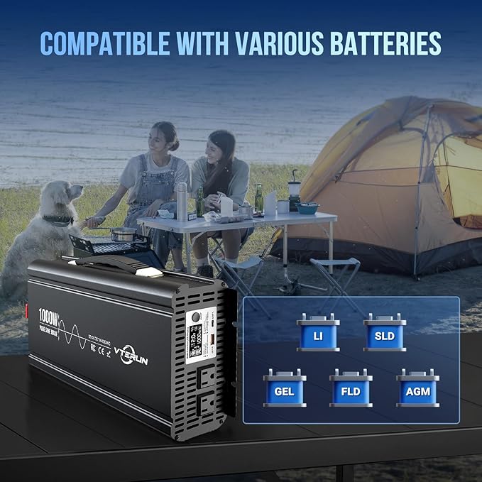 1000W Pure Sine Wave Inverter 12V DC to 110-120V AC Efficient Energy Converter for Home RV Use with Wireless Remote Control with USB C Ports