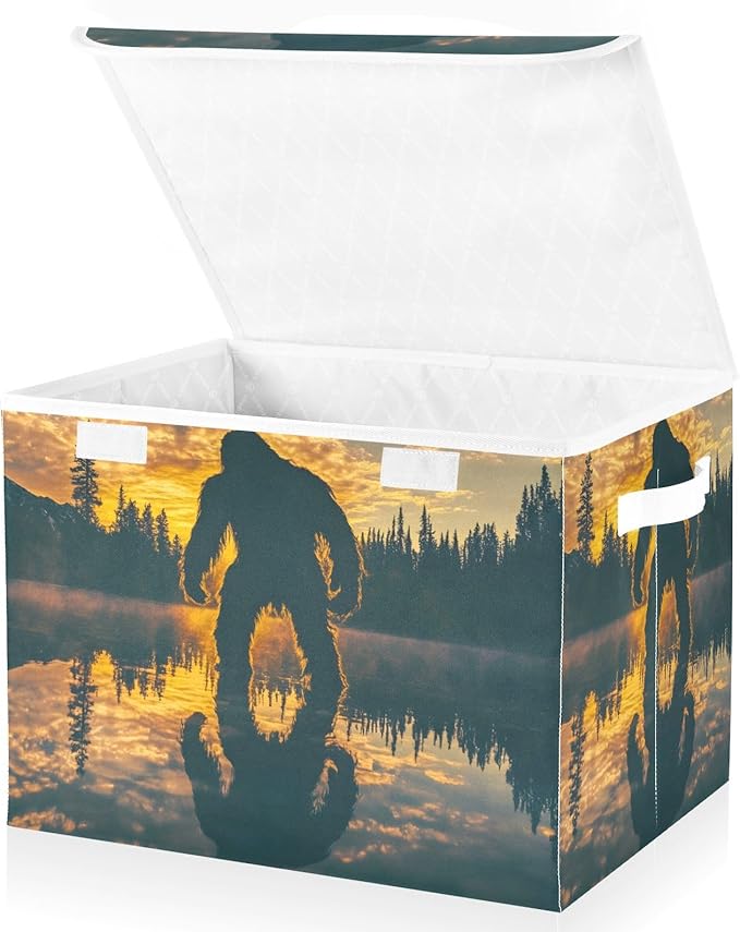 Storage Cube with Lid Lake Sasquatch Print 16.5×12.6×11.8 IN Collapsible Large Capacity Foldable Storage Basket Bin Organizer