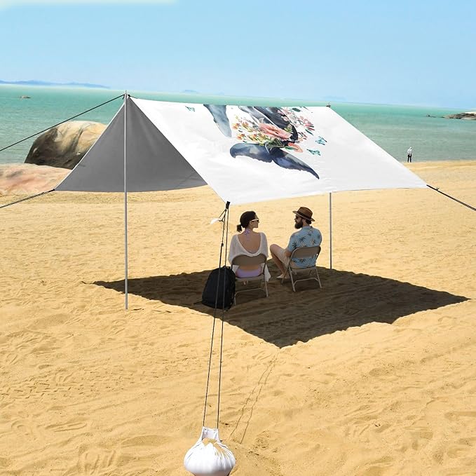 ALAZA Whale Flower Beach Tent Sun Shelter UPF50+ Protection Beach Shade Canopy w/ 4 Sandbags for Outdoor Camping Fishing Backyard Fun Picnic 10x9 ft