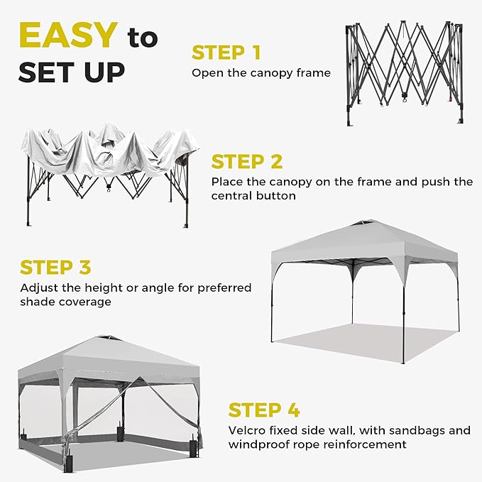 GDY 8x8 FT Pop Up Canopy Tent with One Push SetupSetup Gazebo with 4 PVC Transparent SidewallsEasy Carry for Events Parties Camping White