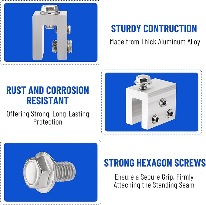 6PCS Standing Seam Roof Clamps Metal Roof Fixing Clamps Racking Bracket for Solar Panel Module Installation Starlink Base Heat Cable and Snow Guard Attachment