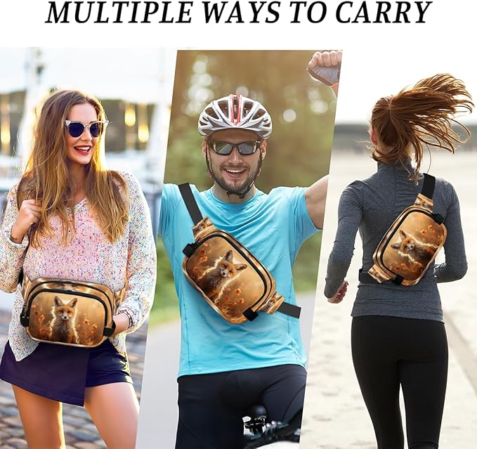 Watercolour Fox Flower Field Waterproof Fanny Pack for Women Men Adjustable Waist Bag with Double Zipper Pockets Lightweight Square Hip Pack for Running Travel Hiking Workout Cycling
