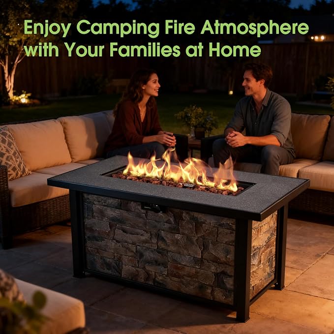 48 Fire Pit Table with Metal top &amp Stone Panel Propane Gas Firepit 5W BTU Fire Table for Outside Patio Backyard Deck Balconywith Metal LidLava Rocks &amp Rain Cover Rectangular