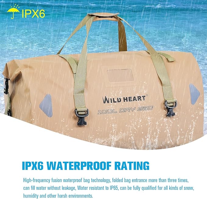 WILD HEART Waterproof Motorcycle Duffel Bag PVC500D Double-bottom With Rope Straps and Inner Pocket 40L 66L 100L for Kayaking Camping BoatingMotorcycle