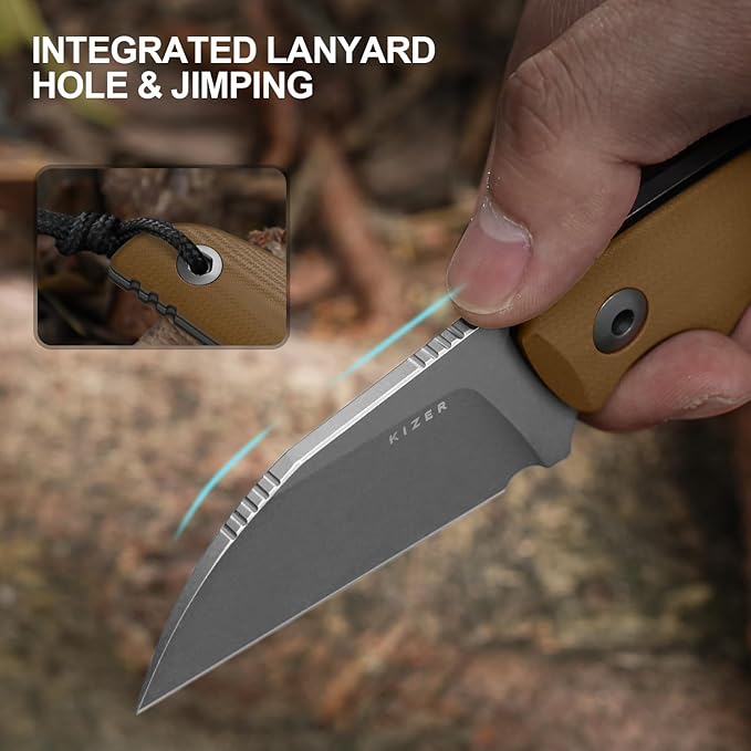 Kizer Snick Fixed Blade Knife with Sheath 2.68 AEB-L Steel Sheepfoot Camping Knife with Brown G10 Handle EDC Knives for Hiking 1085A2