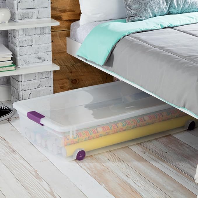 Sterilite 16-Pack 60 Quart ClearView Latch Box Wheeled Underbed Organizer Bins with Latching Lids - Clear Plastic Organization Containers for Closet Bedroom Shelving Units and Everyday Home Storage