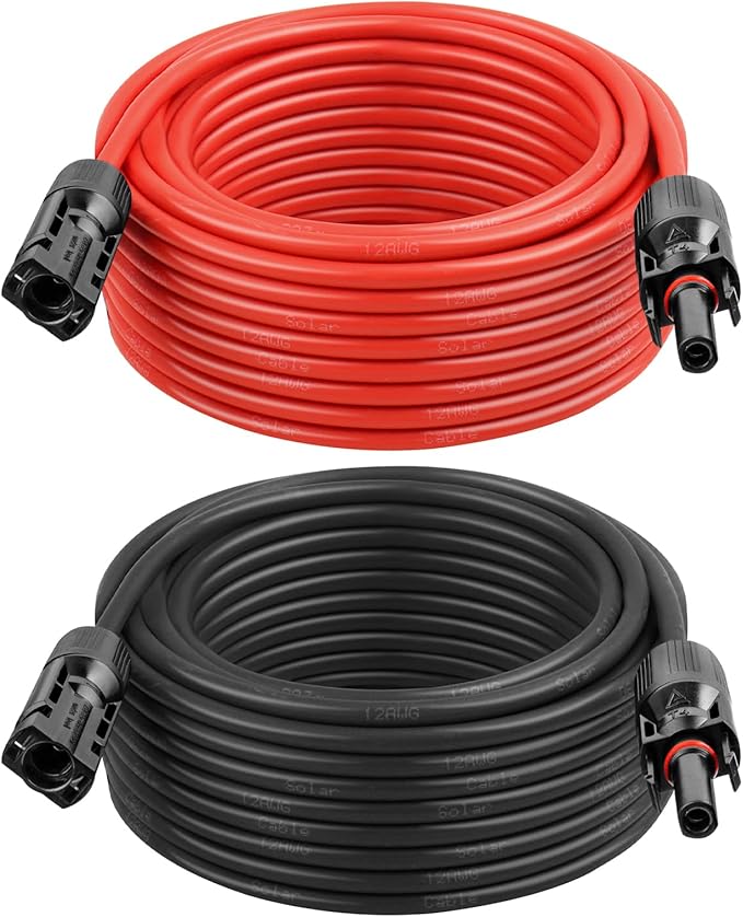 MOOKEERF Solar Panel Extension Cable - 12AWG 50FT Solar Wire with Female &amp Male Waterproof Connector PV Wire for RV Photovoltaic Systems Home Boat Solar Panels Car(50FT Red + 50FT Black)