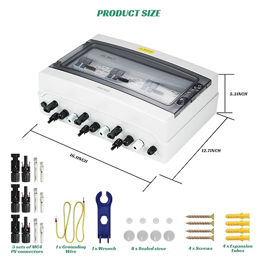 3 in 3 Out Solar Combiner BoxPV Combiner Box with 20A PV FuseDC 20A Circuit Breaker and Surge ProtectorIP65 Solar Disconnect Switch Box for Indoor Outdoor Solar Panel System (3 in 3 Out 20A 1000V)